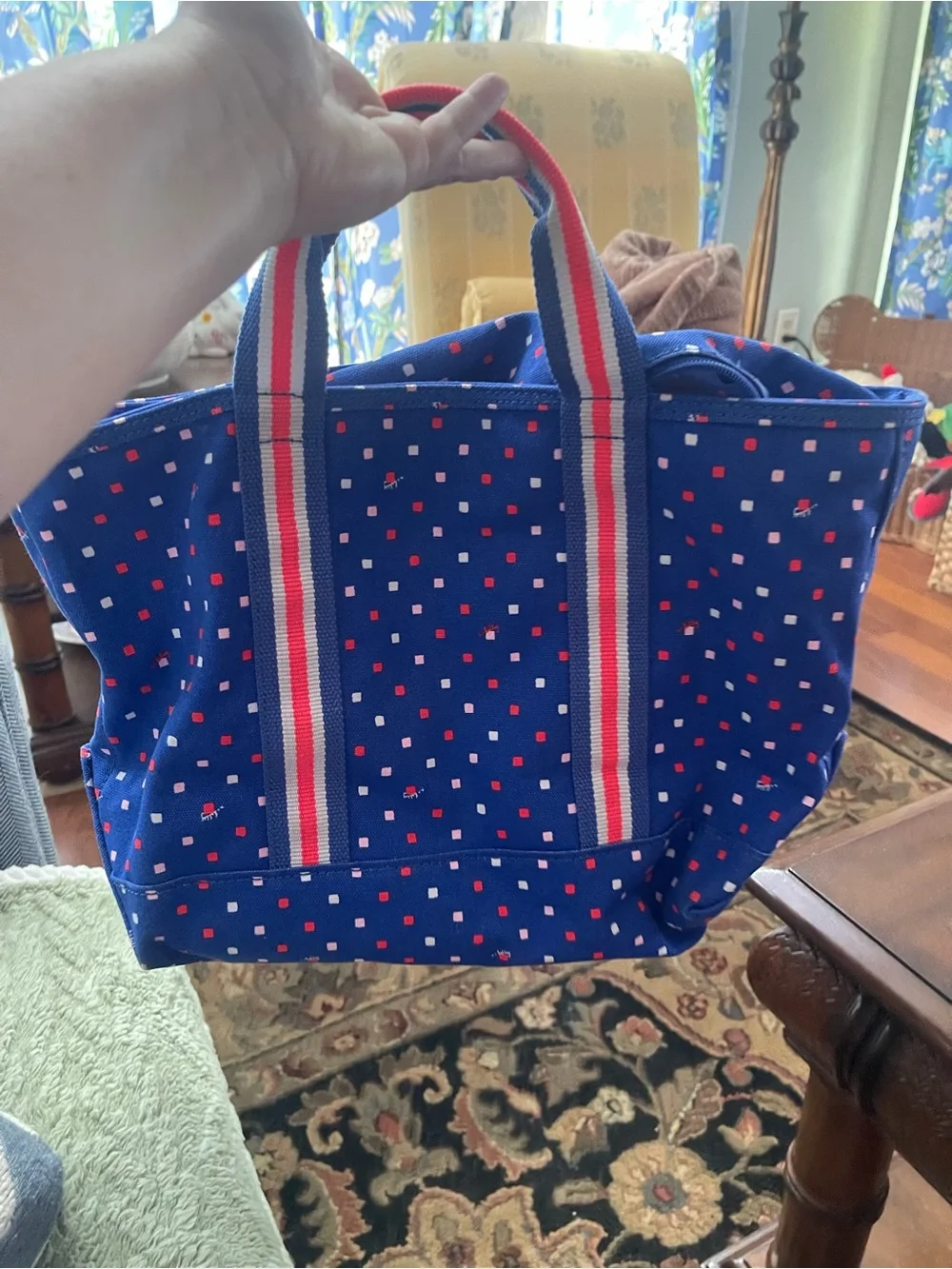 Lilly Pulitzer Blue Canvas Tote with Red and White Dot Accents
